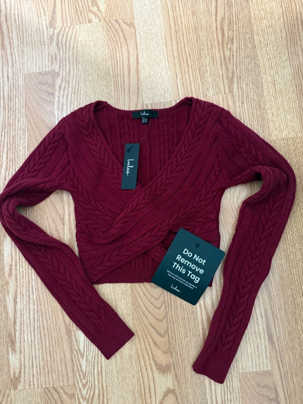 Lulu's Burgundy Cable Knit Wrap Crop Top